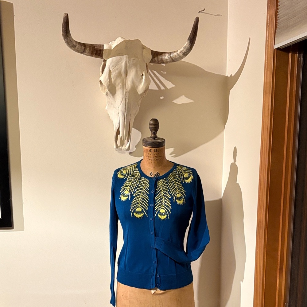 Anthropologie Tabitha Limabird Beaded and Embroidered Blue Sweater size medium